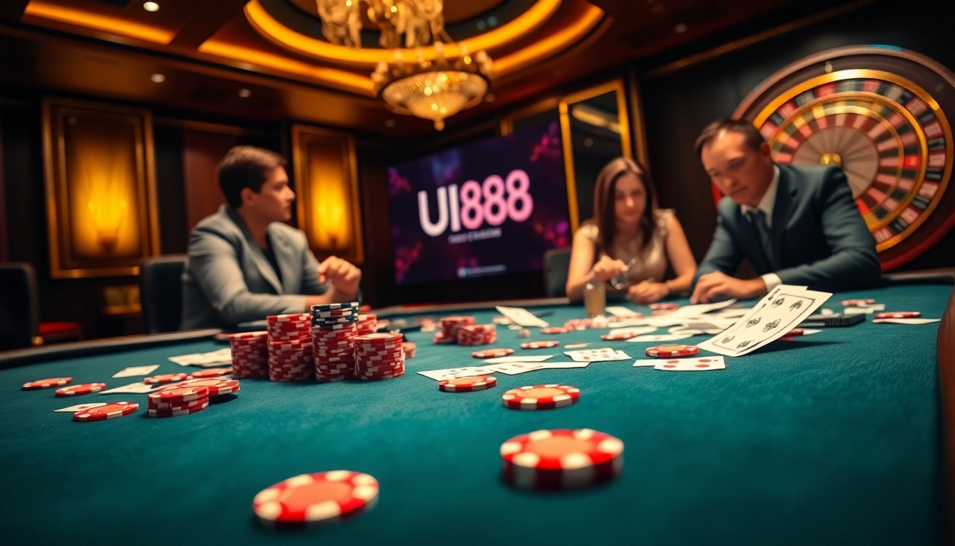 Engaging scene at UU88 casino with poker chips and roulette wheel, showcasing thrilling gameplay.