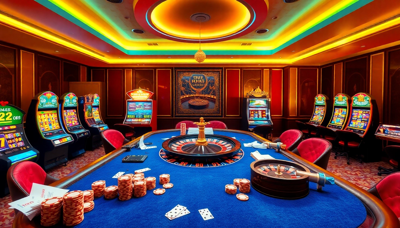 Exciting scene at hb88.com featuring a luxurious casino poker table with vibrant slot machines.