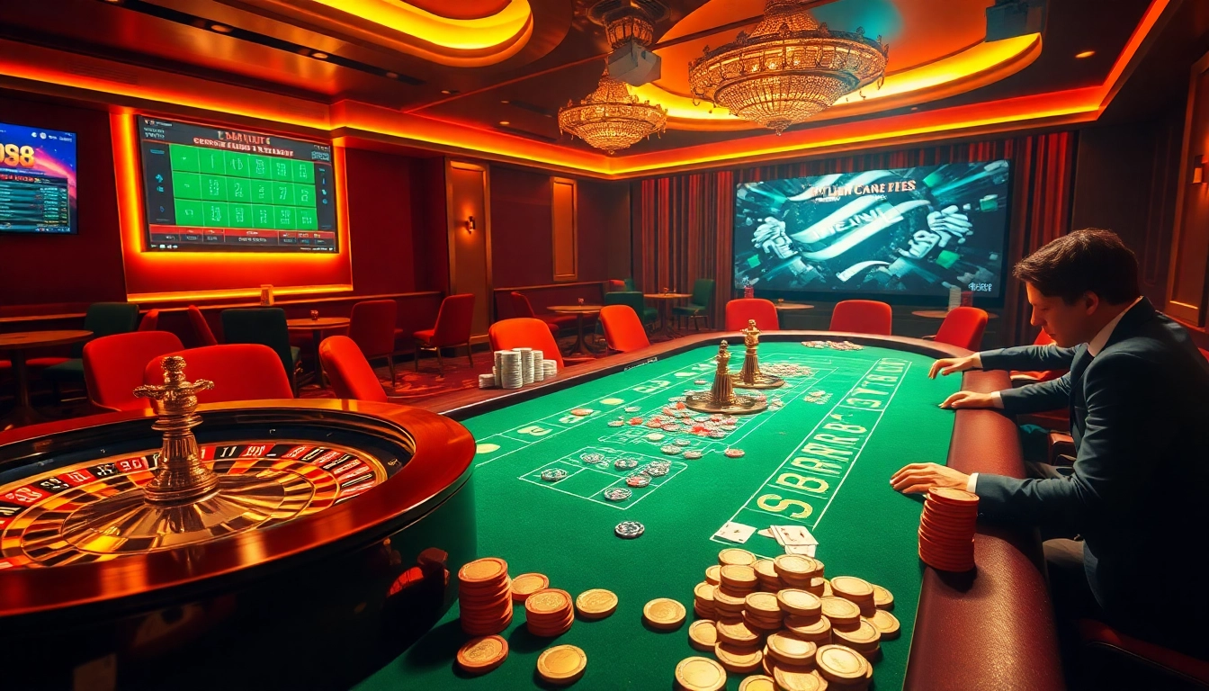 Experience the excitement of RR88 casino gaming with a luxurious poker table and vibrant roulette wheel.