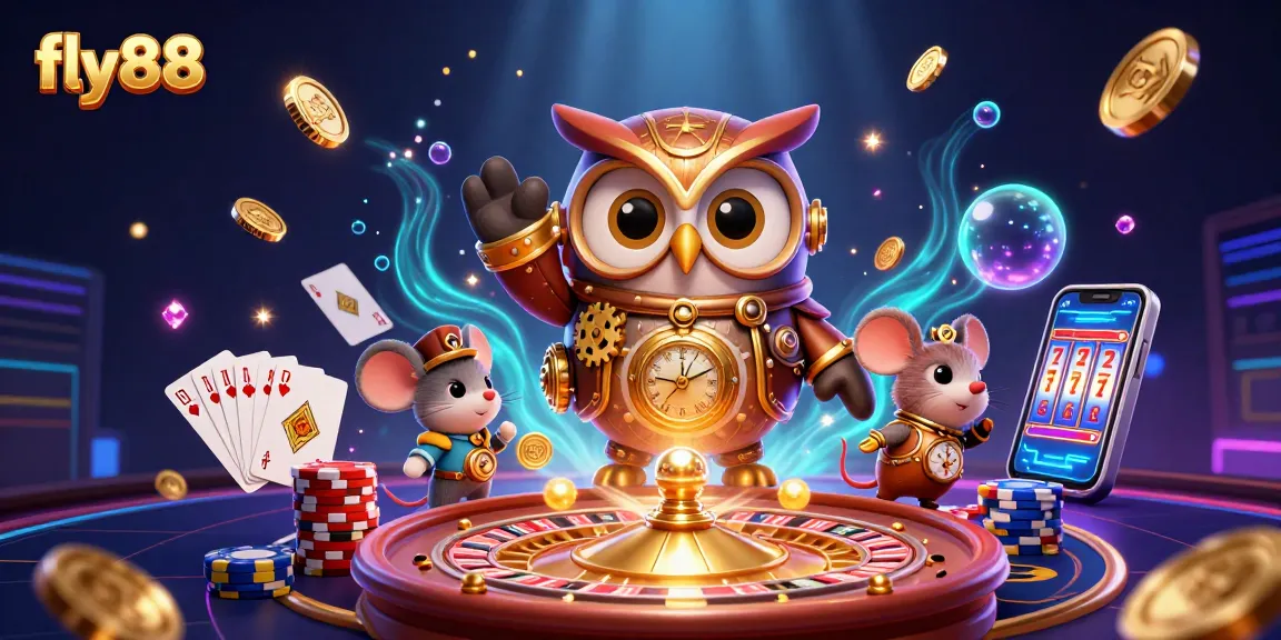 Experience the exciting world of fly88 with a vibrant illustration of a steampunk owl and casino elements.