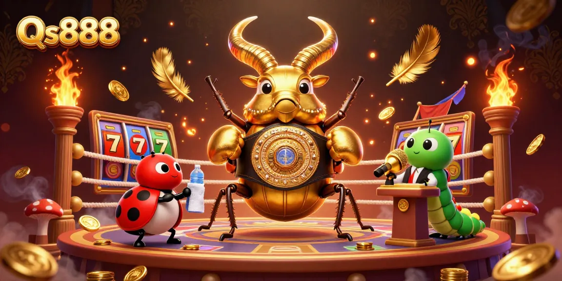 Experience excitement at Qs888 with a giant golden stag beetle and ladybug in a vibrant casino arena.