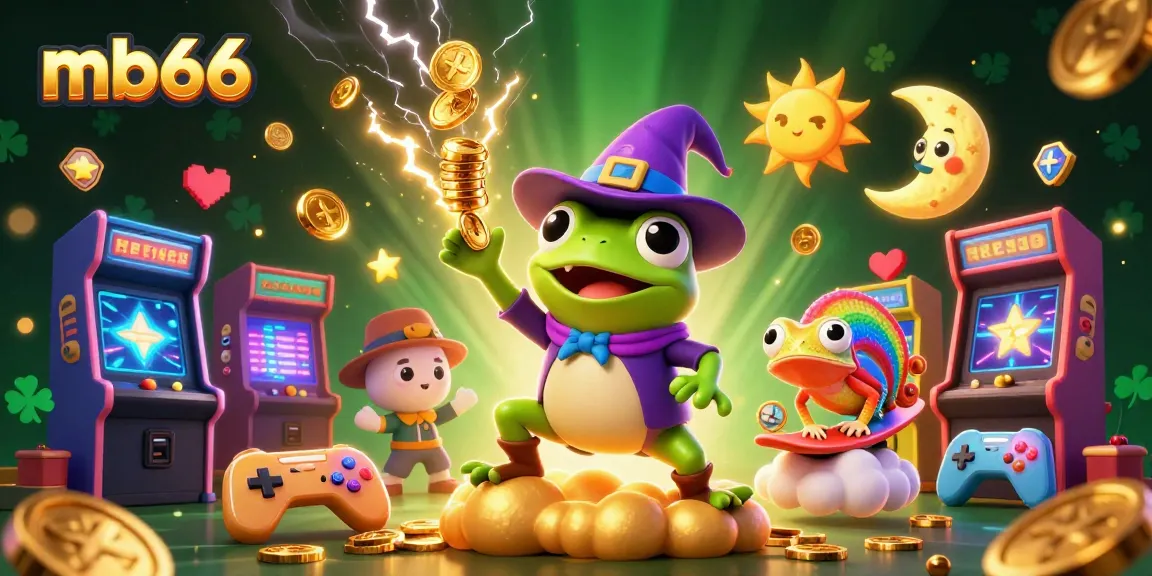 Experience the thrilling world of mb66 as golden coins rain down from a wizard frog and a chameleon rides clouds in a vibrant gaming scene.