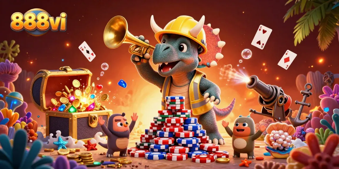 Experience the excitement of 888vi with a festive triceratops building poker chip pyramids amid colorful underwater treasures.
