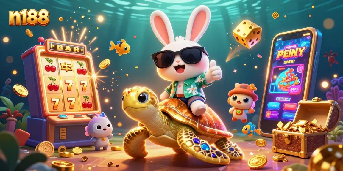 Experience winning moments with n188 as the lucky rabbit rides a golden turtle through a vibrant casino scene.
