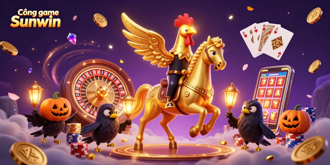 Cổng game Sunwin showcases dynamic gaming with golden rooster and crow characters in a vibrant casino scene.