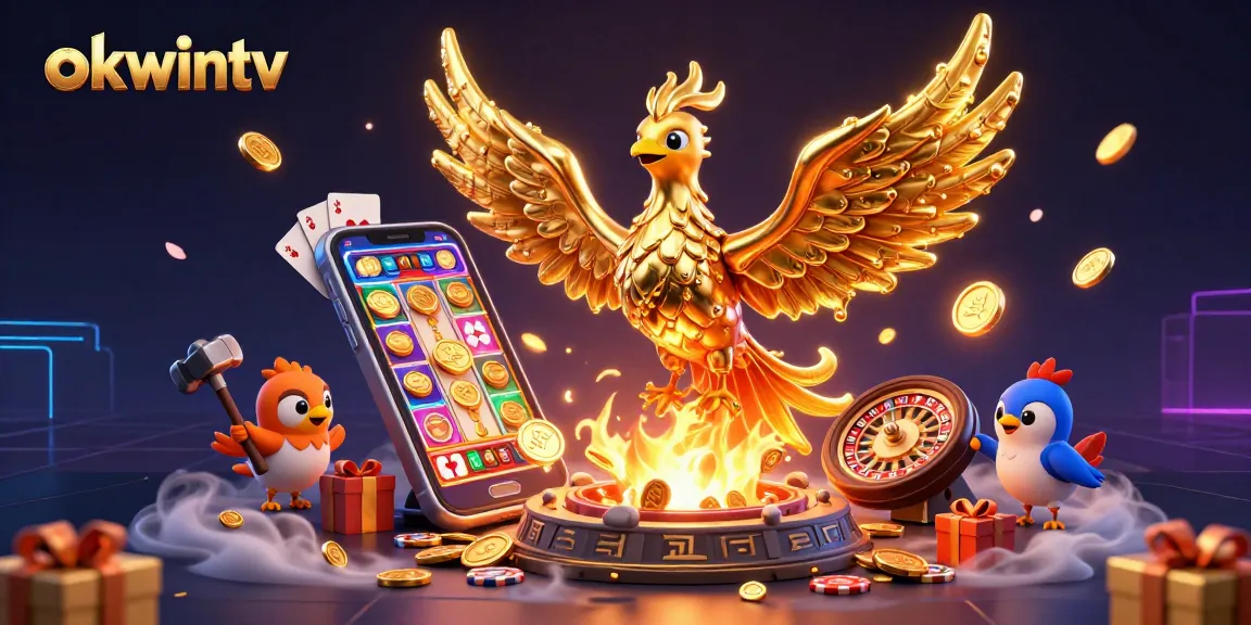 Experience thrilling gaming at OKWINTV, where the golden phoenix symbolizes jackpot opportunities amidst vivid casino elements.