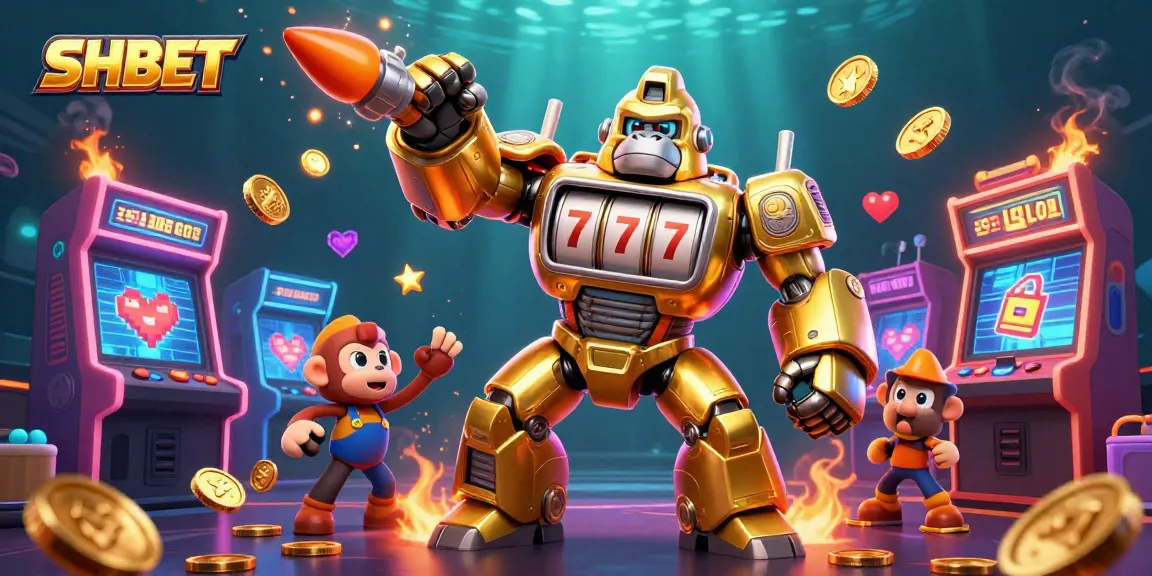 Experience the thrill of SHBET with a golden gorilla mech in an explosive casino game illustration.