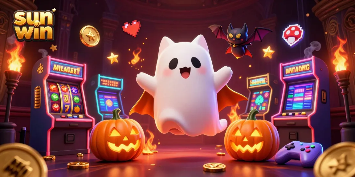 Experience the magic of sun win with a ghost cat and vampire bat in a vibrant casino.
