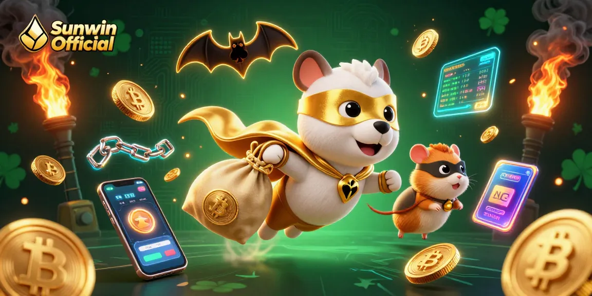 Engage with Sunwin Official's vibrant world of games depicted by a superhero dog amidst glowing coins and crypto elements.