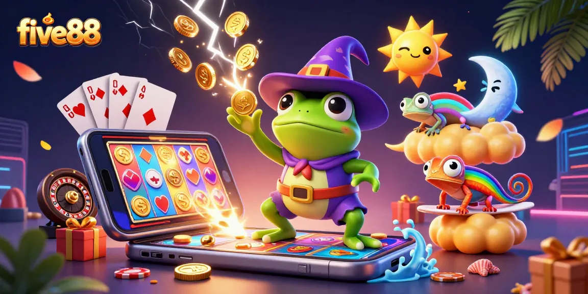 Join the five88 fun with a wizard frog and chameleon amidst a golden casino atmosphere.