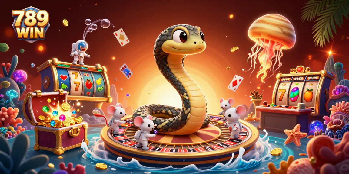 Experience thrilling wins with 789 WIN through dynamic gambling scenes featuring slot reels and cosmic characters.