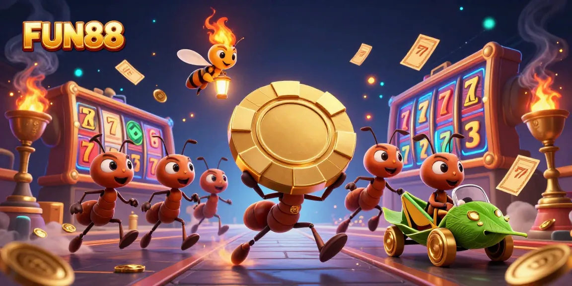 Enjoy thrilling moments at FUN88 with an exciting heist scene featuring ants and gaming elements.